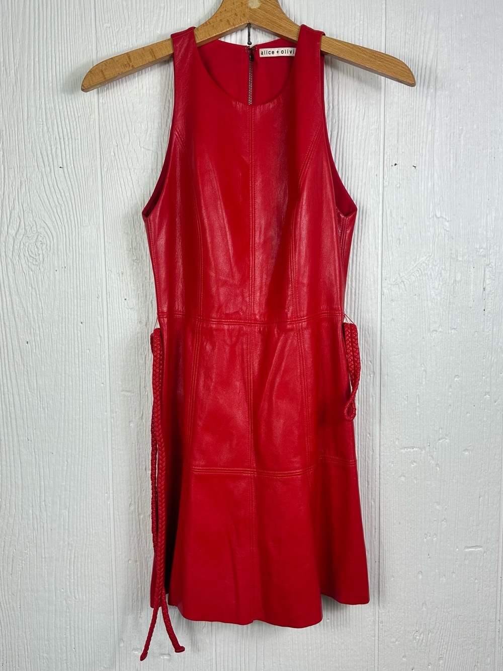 $440 Alice + Olivia Women's Red Leandra Faux Leather Sleeveless Dress Size 0